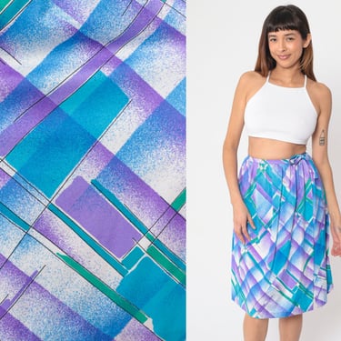 Checkered Skirt 80s Knee Length Summer Skirt Blue Purple White Plaid Print Boho Hippie High Waisted Tie Belted Side Slit Vintage 1980s Small 