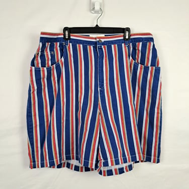 Vintage 90s Blue & Red Striped High Rise Denim Shorts, Size 40 Waist 