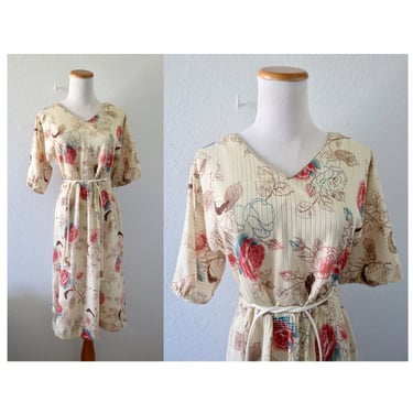 Vintage 70s Floral Midi Dress - Boho Semi Sheer Disco Bohemian Dress - Size Medium 