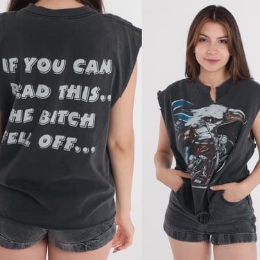 Biker Shirt 90s Motorcycle Muscle Tee If You Can Read This The Bitch Fell Off Graphic T-Shirt Cutoff Tank Top Black Vintage 1990s Medium M 