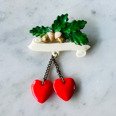 Vintage Plastic Acorns & glass hearts Pin Brooch 