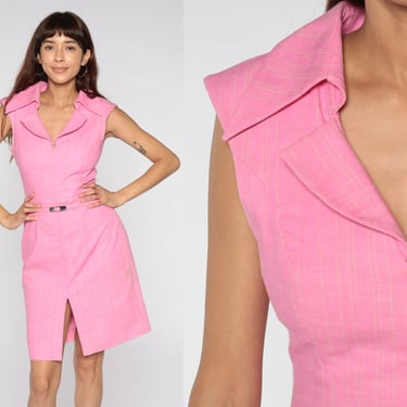 Pink Mini Dress Tight Sheath Dress Y2K Does 70s Sleeveless Bodycon Dress Vintage 00s Front Zip Up Striped 2000s Belted Small S 