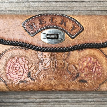tooled leather clutch personalized Becky Mexican floral boho chic handbag wallet 