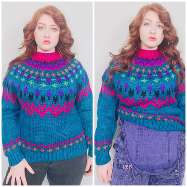 1980s Vintage Hand Knit Neon Fair Isle Sweater / 80s / Eighties Blue and Purple Cozy Acrylic Sweater / Size Medium -XL 