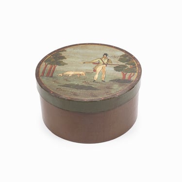 Vintage Hand-Painted Papier-mâché Shaker Style Box Hunter with Dog 