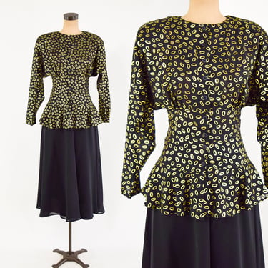1980s Black & Gold Dress Skirt Set | 80s Black Print Skirt Blouse Set | Léger | Medium 
