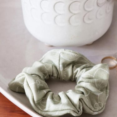 Organic cotton hair scrunchie, olive florals