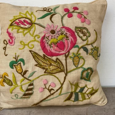 Mid Century Modern Crewel Embroidery Pillow, Handmade, Pink And Green, Jacobean Floral Design 