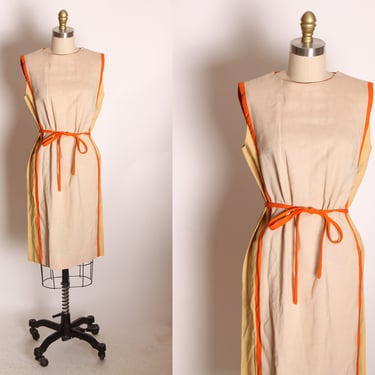 1960s Tan, Yellow and Orange Sleeveless Side Stripe Belted Shift Dress -M 
