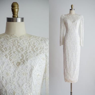 vintage wedding dress 80s 90s vintage Alfred Angelo lace beaded sequin tight fitted white long sleeve dress 