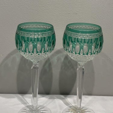 2 Emerald Green Crystal Clarendon Wine Hock Glasses, elegant dining glassware, green barware, colorful dinning glasses, crystal barware 