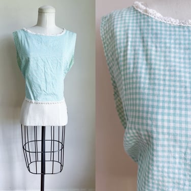 Shipping Delay // Vintage 1960s Mint Green and White Gingham Crop Top / M 