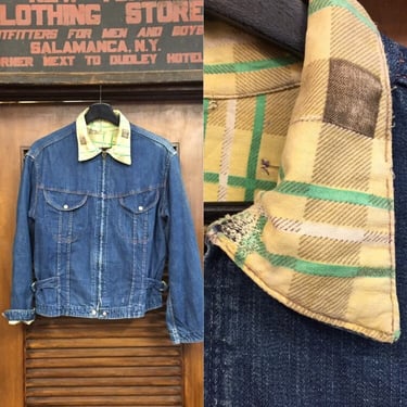 Vintage 1950’s Flannel Lined Denim Jacket with Rodeo Buttons, Vintage Western Wear, Workwear, Vintage Denim, Ranch Wear, Vintage Clothing 