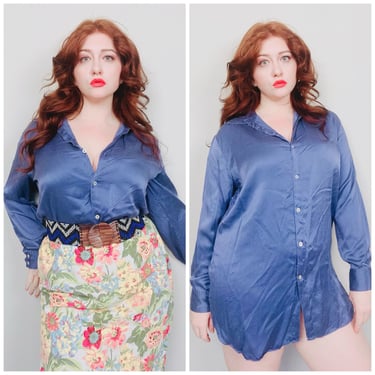 1990s Vintage Lillian Jones Blue Silk Blouse / 90s / Nineties Ice Blue Long Sleeve Button Up Shirt / Size Large 