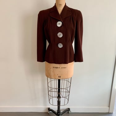 1940s Brown wool gaberdine jacket with xl pearl buttons-size M 