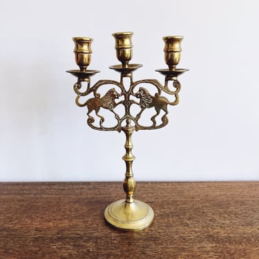 Vintage Brass Three Cup Lions of Judah Candelabra 