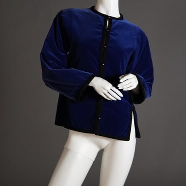 F/W 1976 Yves Saint Laurent Rive Gauche Russian collection documented runway blue velvet jacket with black braided trim and buttons 