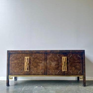 Vintage Hollywood Regency style mcm burlwood and brass credenza by mastercraft furniture 