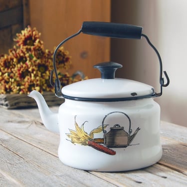 Vintage enamelware teapot / painted Delano Studio tea kettle / Americana farmhouse tea pot / retro kitchenware 