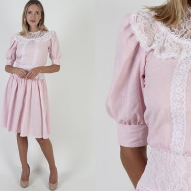 Pink Prairie Lace Wedding Dress / Vintage 70s Solid Bridal Gown / Art Deco Flapper Plain Frock / Simple Country Lawn Midi 
