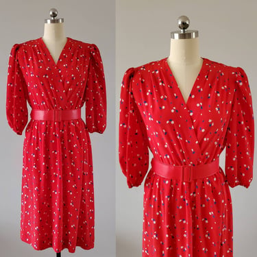 80s Does 40s Floral Dress with Matching Belt by Lady Carol 80s Floral 80&#39;s Women&#39;s Vintage Size 