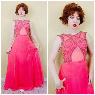 1990s Vintage Maria's Pink Silk Cage Dress / 90s Beaded Bandage Sheer Illusion Pageant gown / Size Small - Medium 