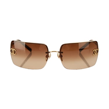 Chanel Brown Rhinestone Logo Rectangle Sunglasses