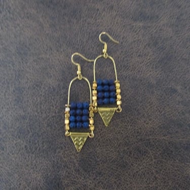Lava rock chandelier earrings blue and gold 