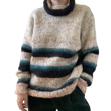 Hand Knit Womens Oversized Mohair Striped Fluffy Fuzzy Cowl Neck Sweater Sz L 