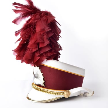 Vintage USA MARCHING Band Hat Large Red Maroon Gold Plume Feather Adult 1960's Military Costume 