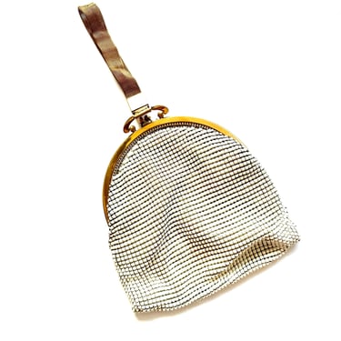 Antique Art Deco Whiting & Davis Style Metal Mesh Bag Wedding Handbag White Bridal Purse 