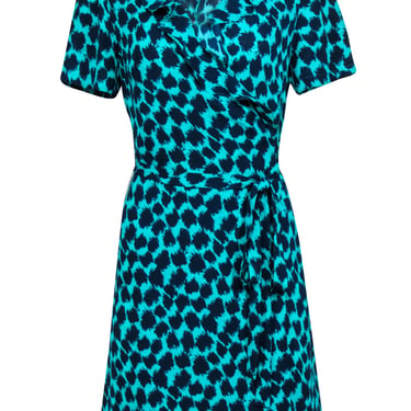 Diane von Furstenberg - Teal & Navy Leopard Print Short Sleeve Wrap Dress Sz M