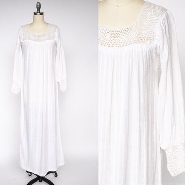1970s Maxi Dress India Gauze Cotton White Boho S 