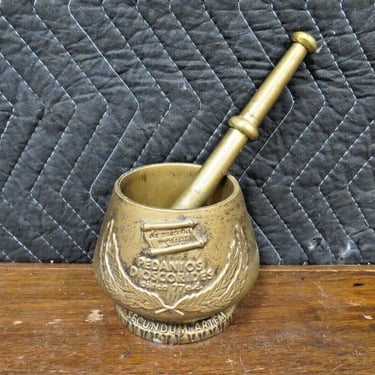 Vintage Brass Mortar & Pestle Pedanios Dioscorides Apothecary Pharmacy RX 