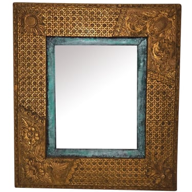1870 Antique American Aesthetic Movement Period Gold Gilt Gesso Decorative Wall Frame Mirror Teal Velvet 