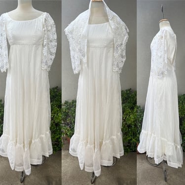 Vintage white Maxi boho chiffon dress beaded with shawl custom made XS 
