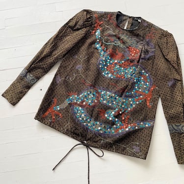 1980s Judy Hornby Couture Sequin Dragon Blouse – Beaded Mythical Creature Top with Tie Waist, S/M Vintage 