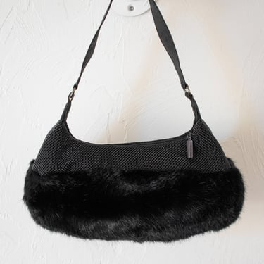 Vintage Whiting &amp; Davis Handbag Black Faux Fur Handbag with Metal Mesh