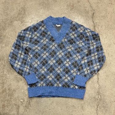 Vintage 1960s Mohair Wool Blend Pile Argyle V-Neck Sweater Sz Medium? 