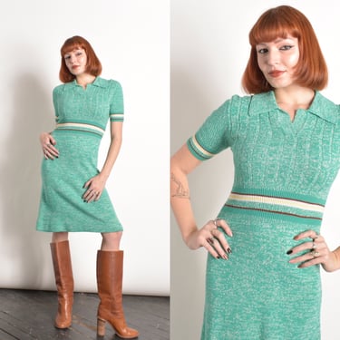 Vintage 1970s Dress /70s Striped Knit Sweater Dress / Green White ( small S ) 