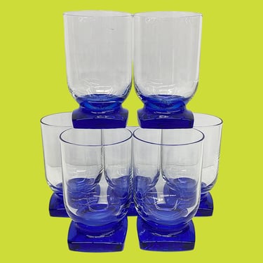 Vintage Bormioli Rocco Glasses Retro 1980s Contemporary + Ibisco + Clear/Cobalt Blue + Glass + Square Base + Set of 7 + Drinking + Kitchen 
