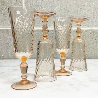 Vintage Champagne Glass Set Retro 1980s Cristal D'Arques-Durand + Rosaline Pink + Swirl Optic + Set of 4 + Stemmed + Barware + Bar Decor 
