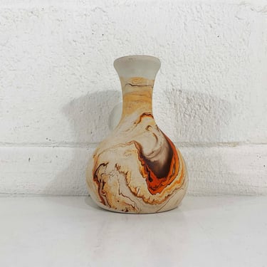 Vintage Nemadji Art Pottery Vase Swirl Handmade USA Flower Statement Orange Brown Mid-Century Modern White Beige 1970s 