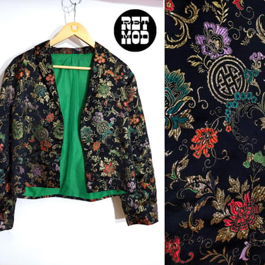 Beautiful Vintage 60s Black Satin Asian Floral Gold Brocade Jacket with Green Lining 