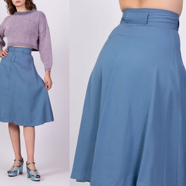 70s Blue A Line Midi Skirt - Extra Small, 25" | Vintage Plain High Waisted Schoolgirl Skirt 