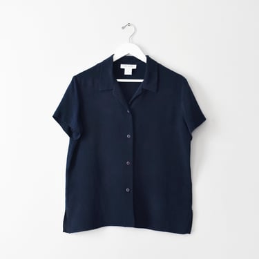 vintage navy blue silk short sleeve blouse 