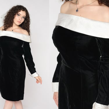 Black Velvet Dress 90s Off Shoulder Dress Party Mini Bodycon Body Con Cocktail Vintage Long sleeve White 1990s Medium 8 
