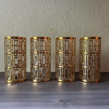 Vintage Shoji Imperial Glass, Set of Four Trellis Gold Highball Glasses Set of 4 Glasses, Mid Century Glassware, Mid Century Barware 