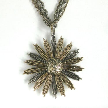 Vintage Signed ART Starburst Pendant on a Chunky Chain, Sixties Jewelry, Huge Flower Starburst Mixed Metal Triple Chain, Statement Necklce 