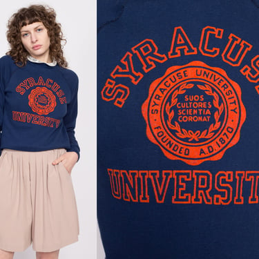 80s Syracuse University Sweatshirt - Men's Small, Women's Medium | Vintage New York Navy Blue Orange Raglan Sleeve Collegiate Pullover 